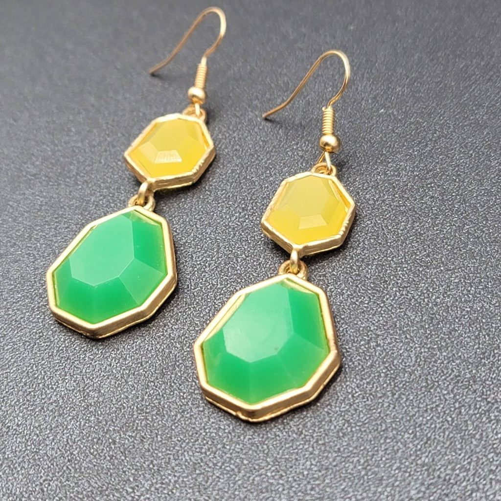 Pierced Earrings Gold tone Green Yellow Acrylic Dangle 1.75"