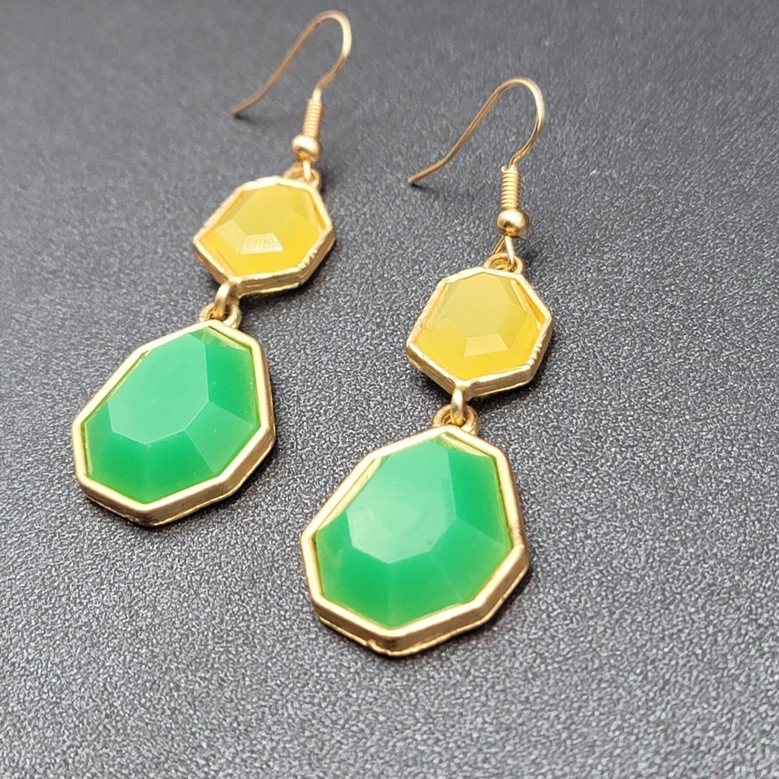 Pierced Earrings Gold tone Green Yellow Acrylic Dangle 1.75"