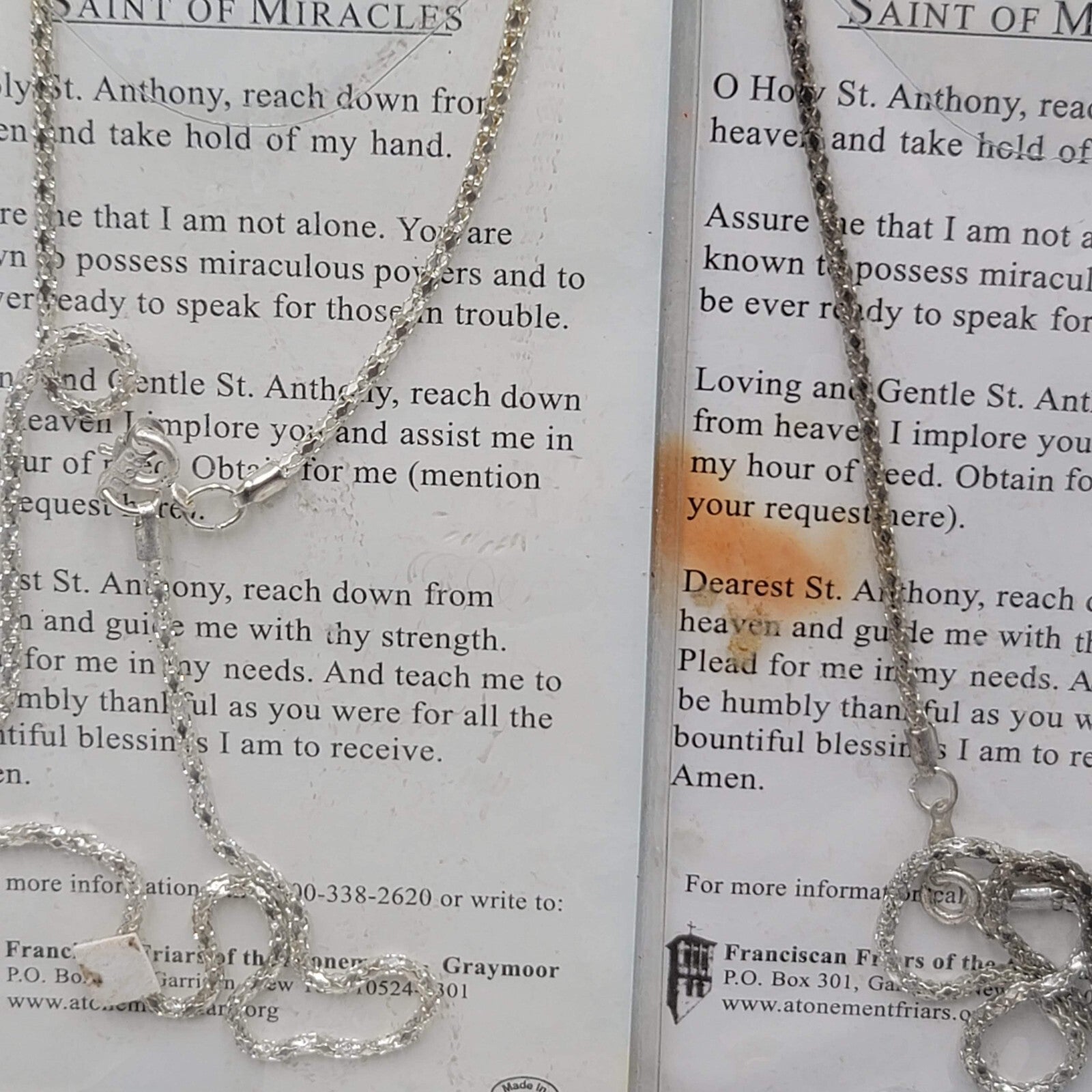 St Anthony Medal Necklace with Prayer Card Silver tone Lot of 5