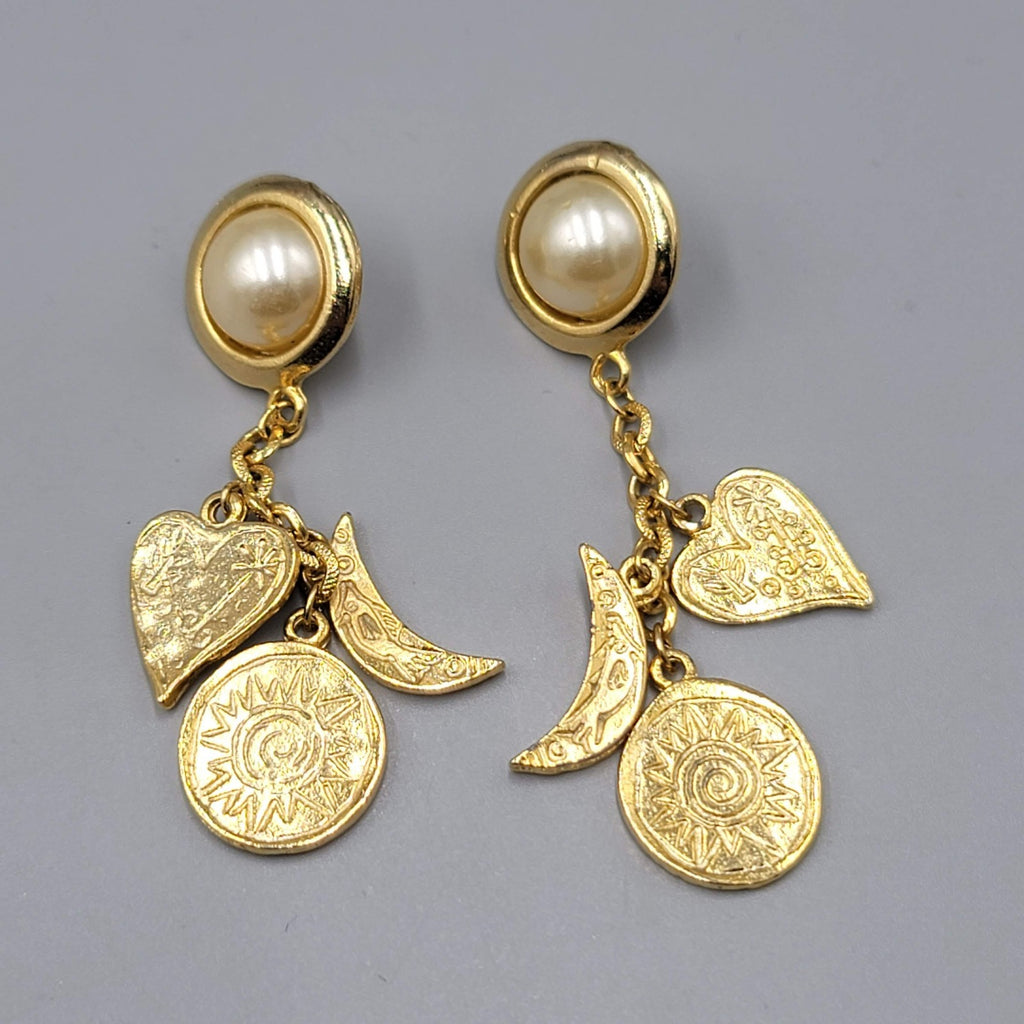 Vintage Heart Moon Sun Pierced Earrings Gold tone Dangle 2.5 in