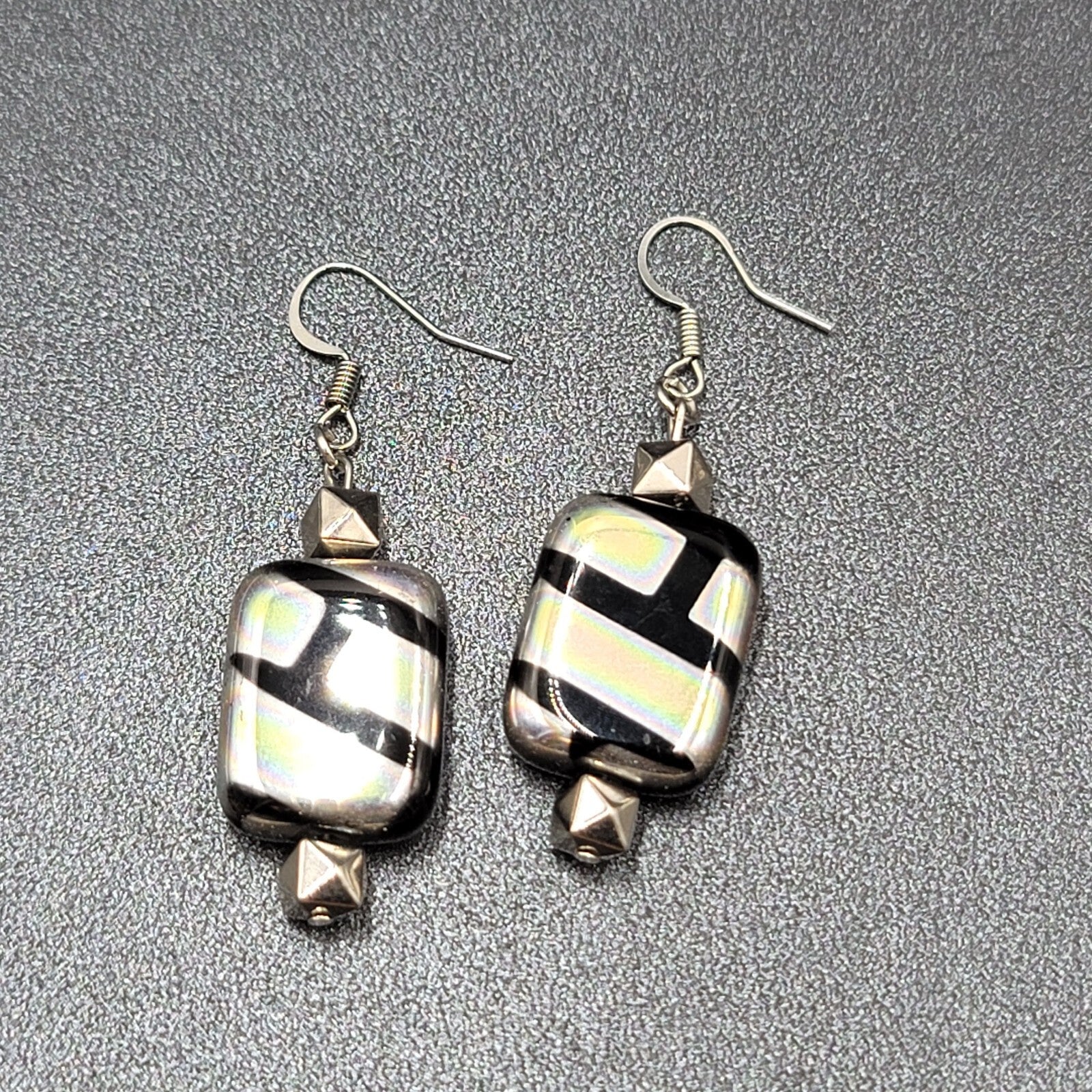 Pierced Earrings Unique Art Glass Beads Iridescent Rectangles 1 3/8"