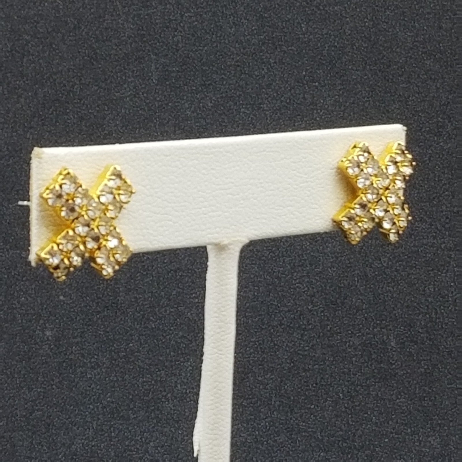 Pierced Earrings Gold tone Crystal X Statement Stud 1/2"