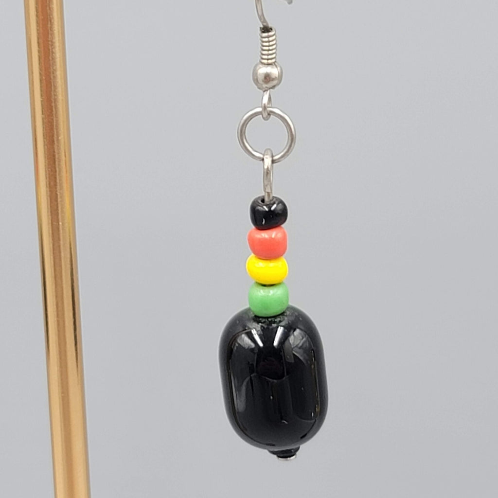 Rasta Beaded Pierced Earrings Silver tone Dangle 1.25"