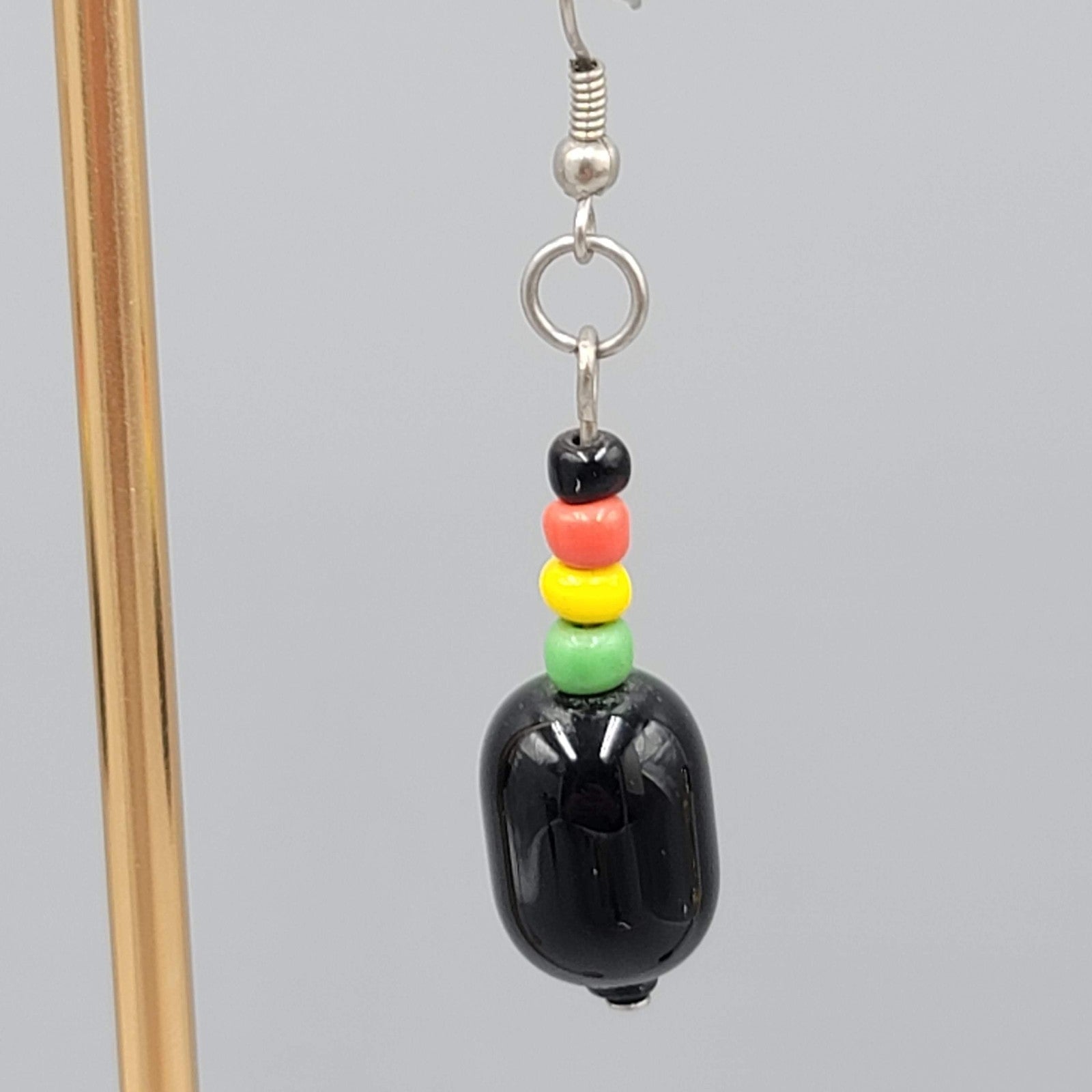 Rasta Beaded Pierced Earrings Silver tone Dangle 1.25"