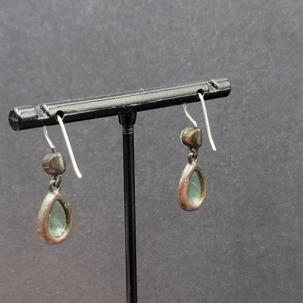 Pierced Earrings Bronze tone Green Faceted Teardrop Stone 3/4"