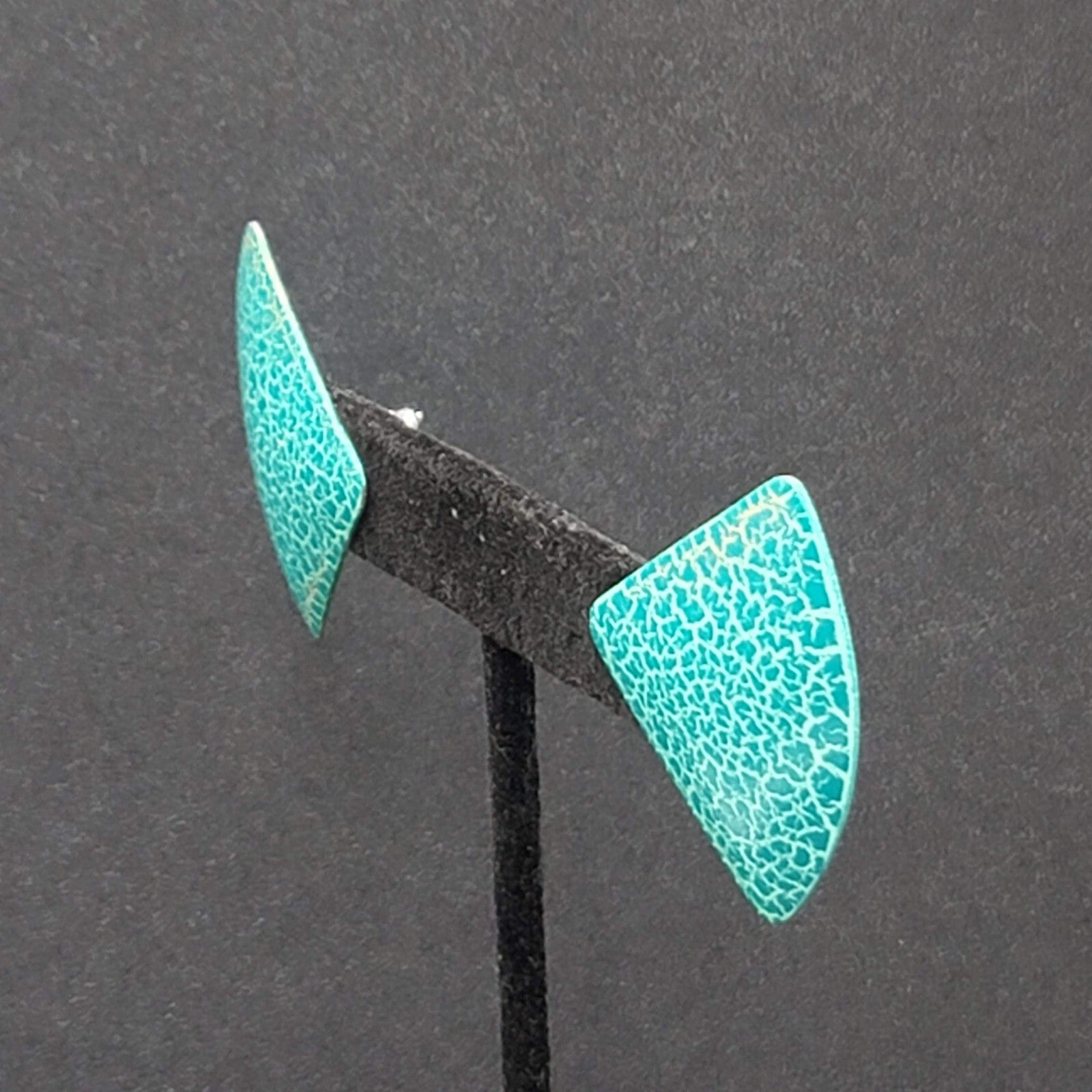 Vintage Pierced Earrings Teal Blue Crackle Enamel Statement Drop 1 5/8"