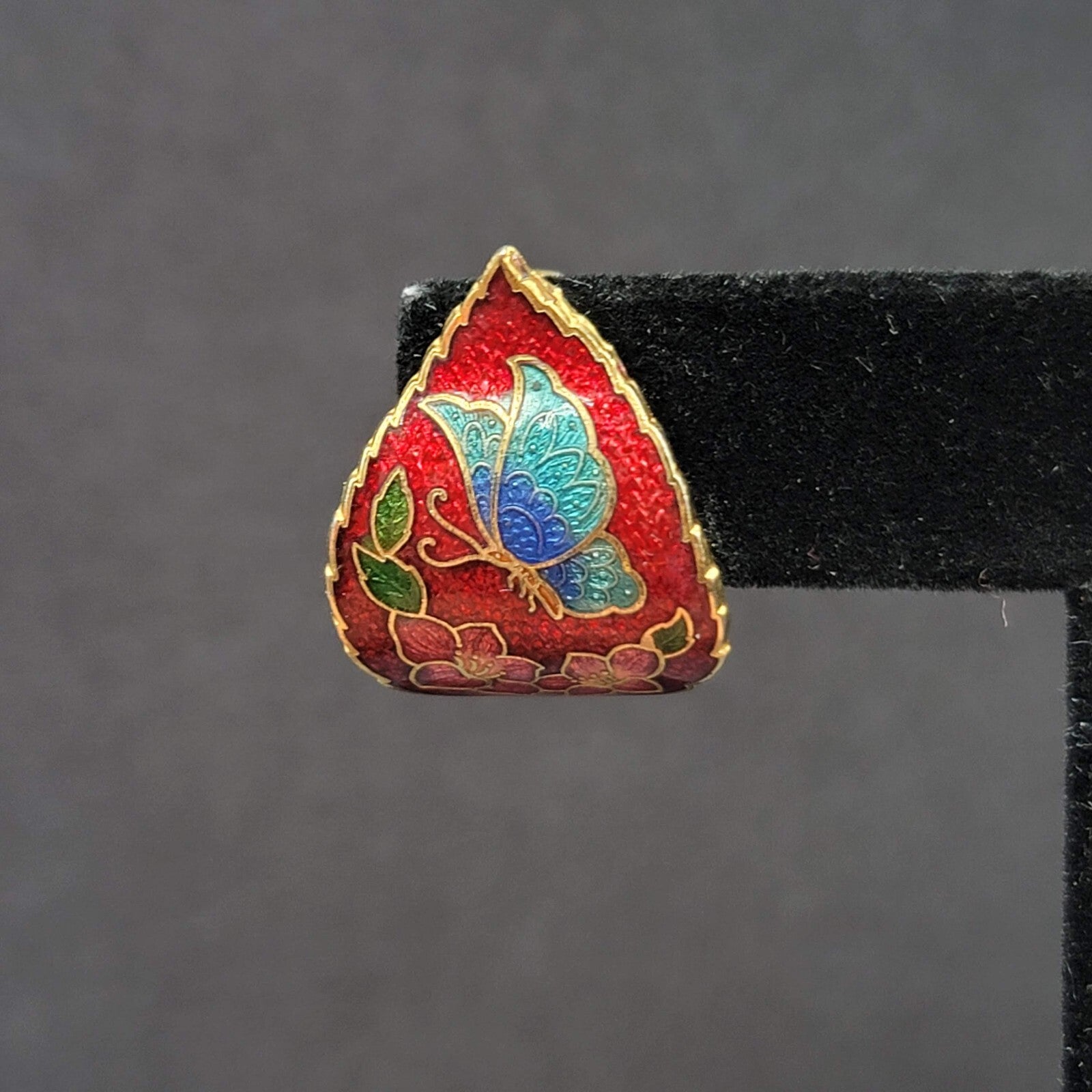 Vintage Clip on Earrings Cloisonne Enamel Flower Butterfly Red Drop 1"