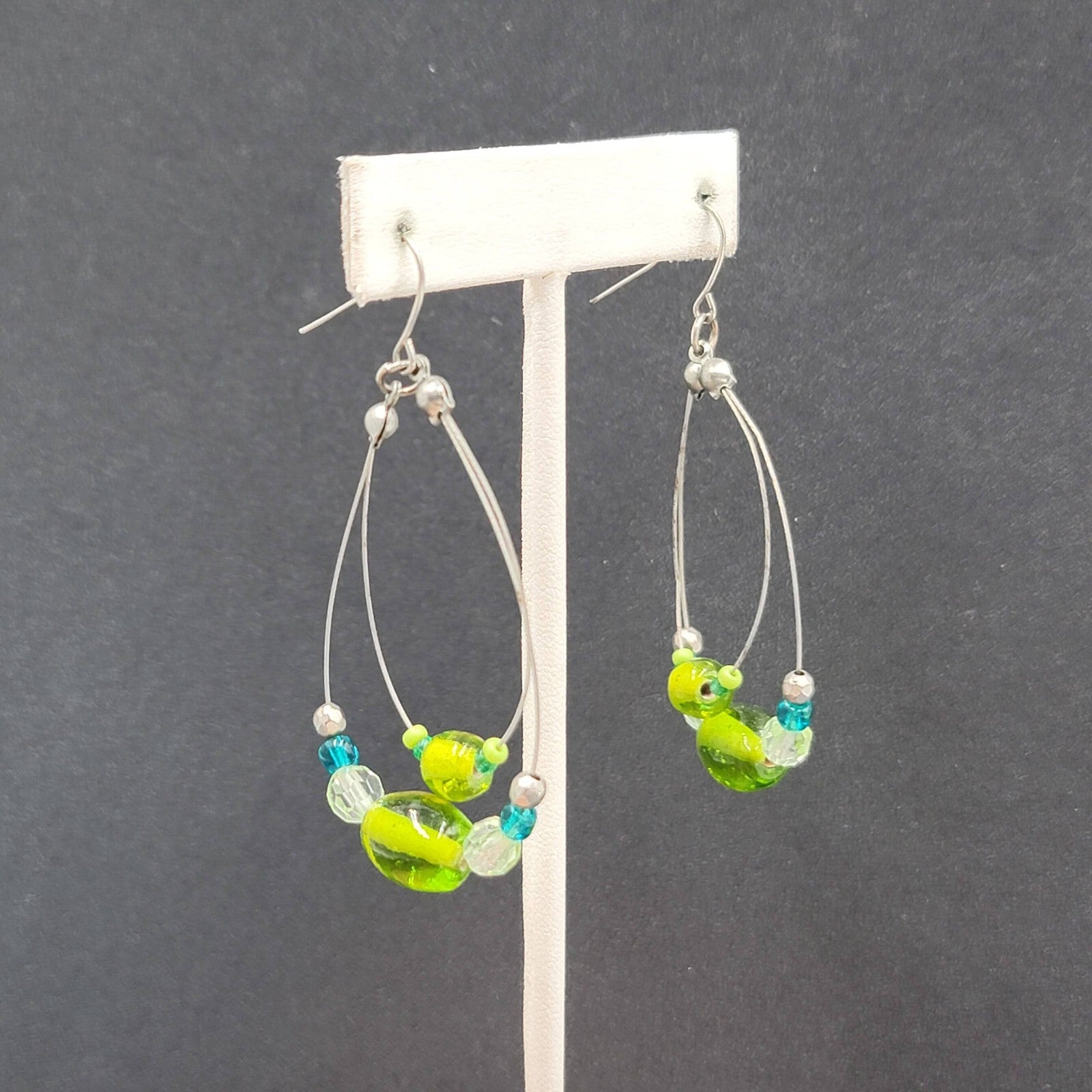 Pierced Earrings Silver tone Green Blue Glass Beads Statement Hoops 2 1/8"