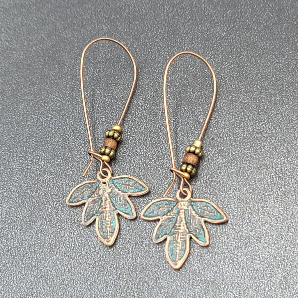 Pierced Earrings Bronze tone Green Patina Leaf Beaded Dangle 2.25"