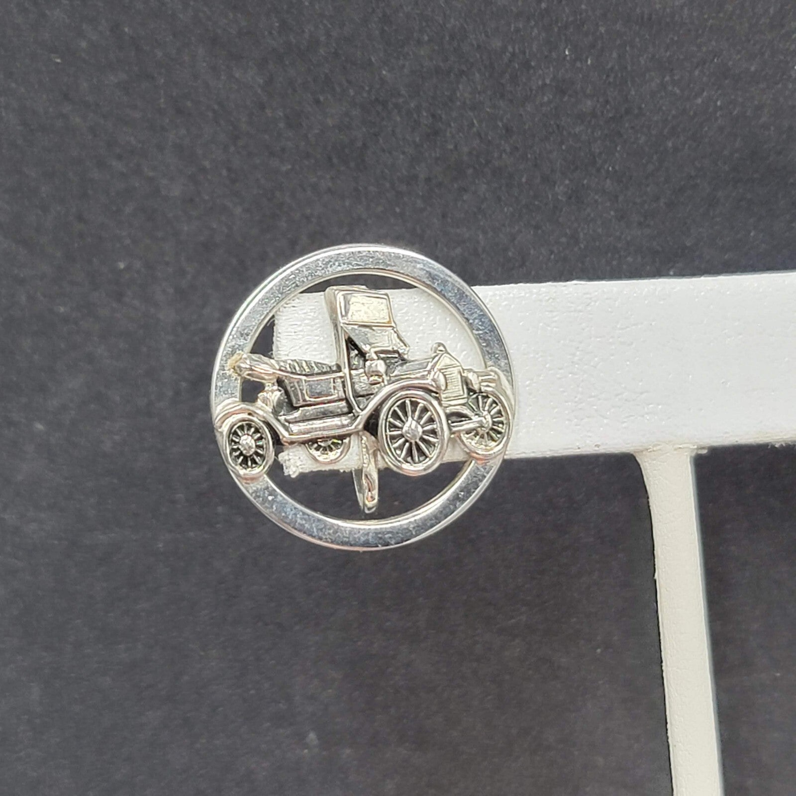 Vintage Clip on Earrings Silver tone Antique Car 3D Circle Screw Back 1"