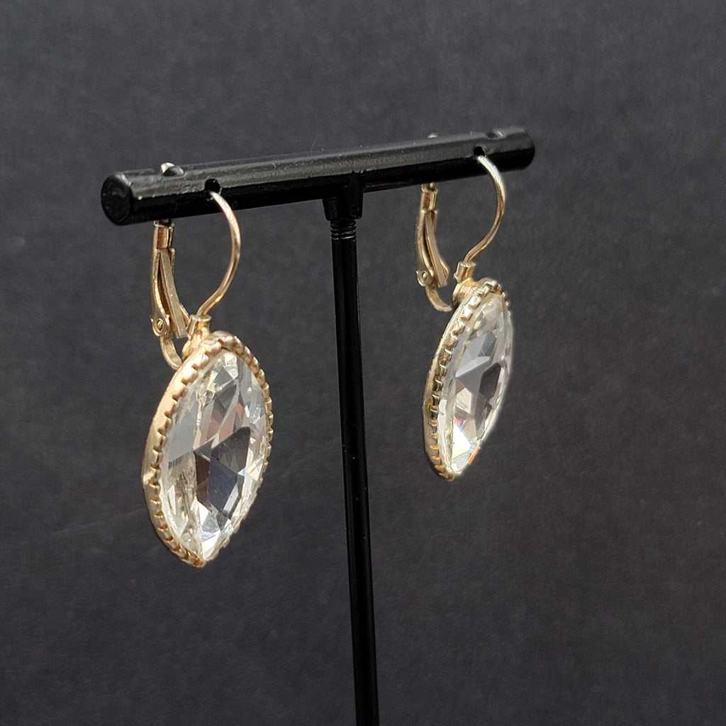 Pierced Earrings Gold tone Glass Faceted Marquis Dangle 1"
