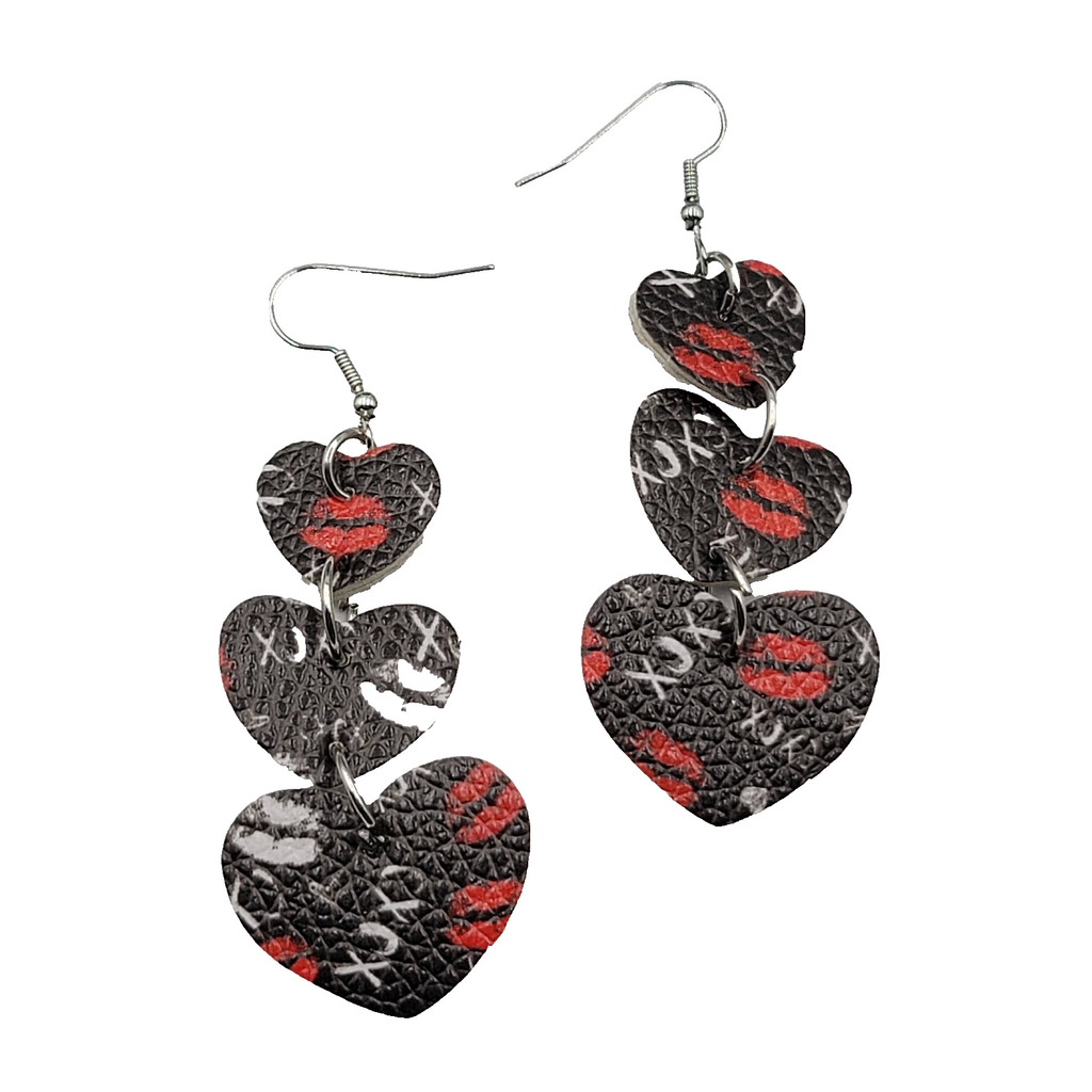 Pierced Earrings Black Faux Leather Kisses Hearts Silver tone Dangle 2.25"