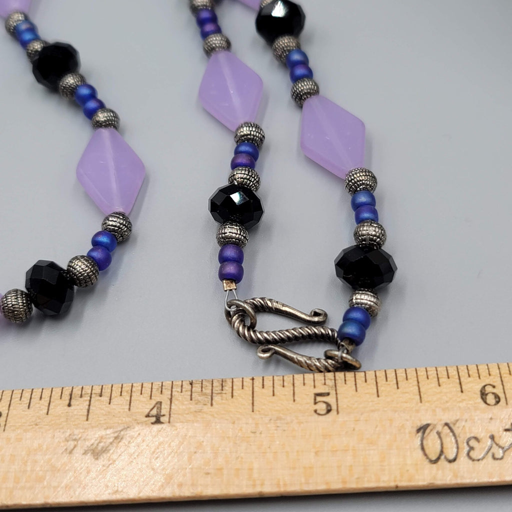 Purple Bead Pendant NecklaceSilver tone Black Beads  22"
