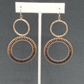 Pierced Earrings Gold tone Dangle Hoops Blue String Accents 2.75"