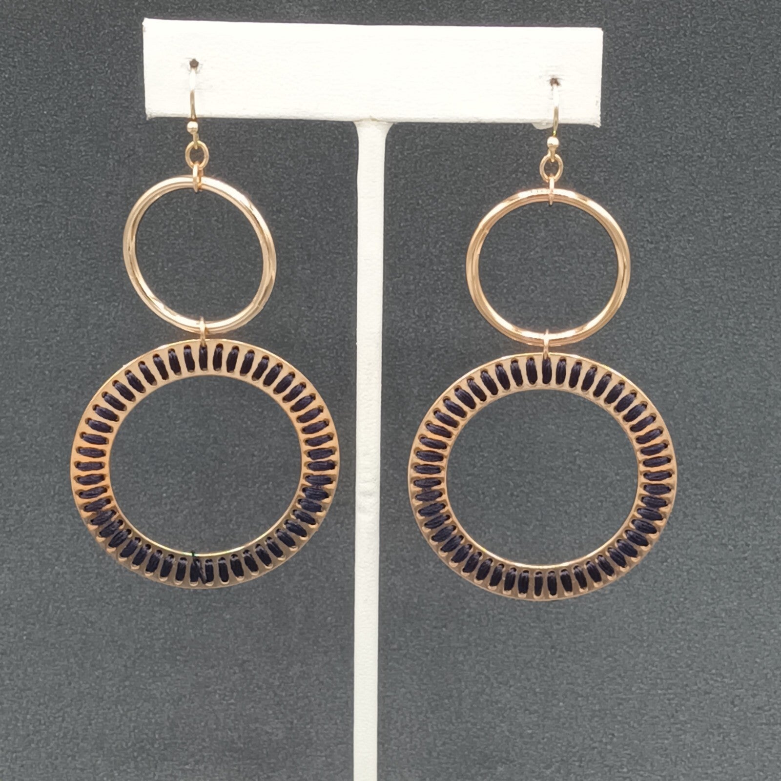 Pierced Earrings Gold tone Dangle Hoops Blue String Accents 2.75"