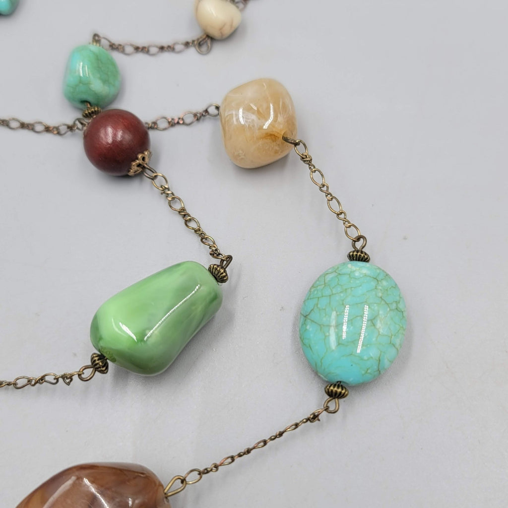 Multicolor Station Bead Necklace Green Brown Blue Flower 32"