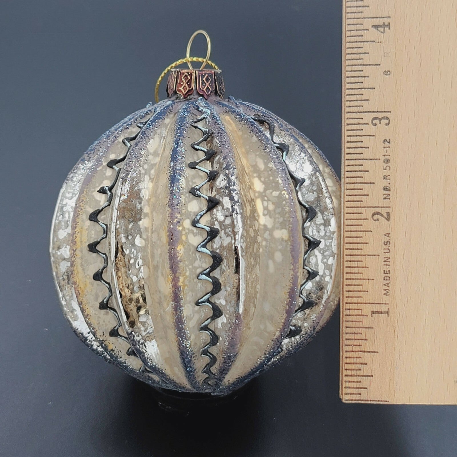 Vintage Blown Glass Silver Hand Painted Ribbed Ball Christmas Ornament 3"