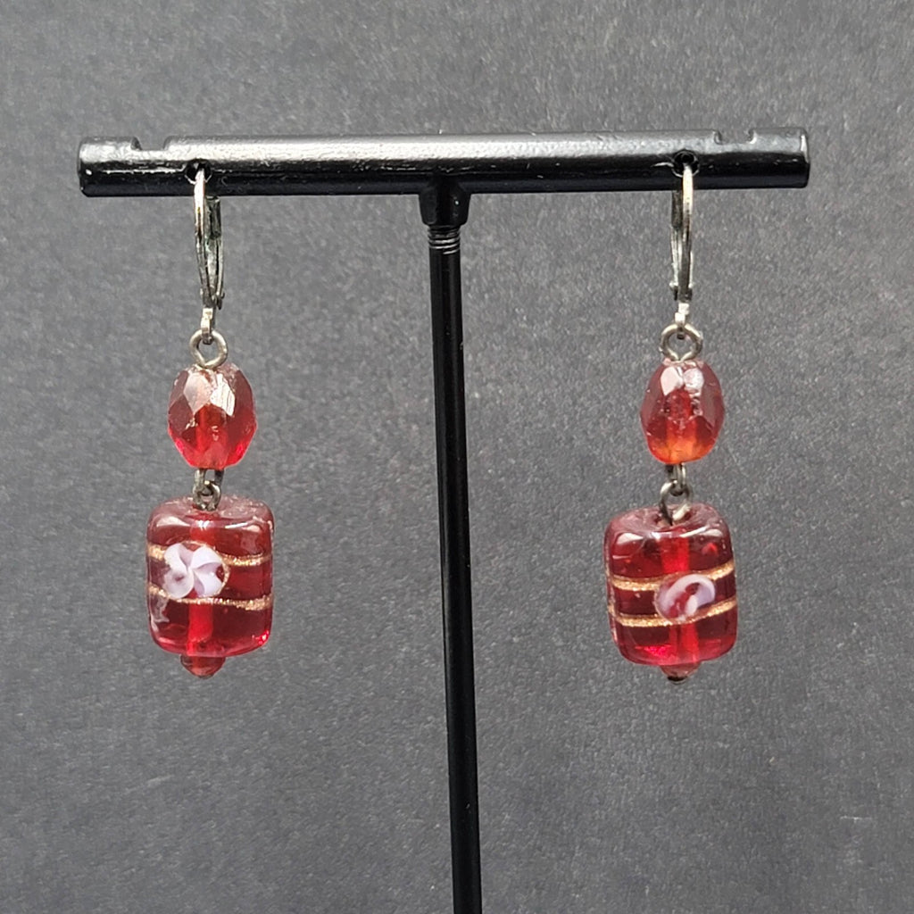 Pierced Earrings Black Metal Red Art Glass Beads 1.25"
