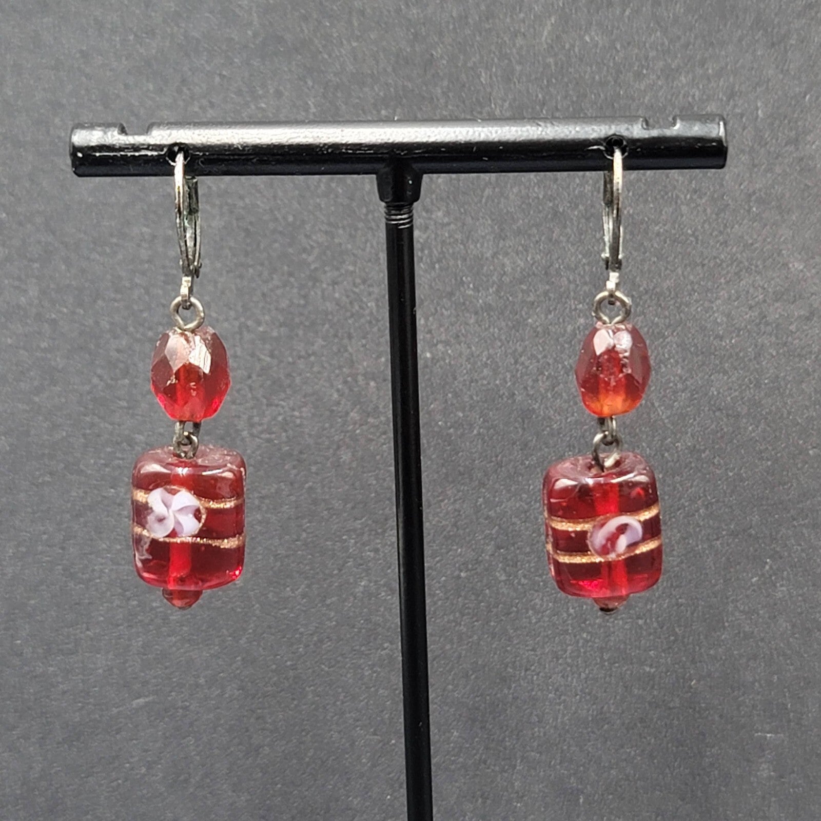 Pierced Earrings Black Metal Red Art Glass Beads 1.25"