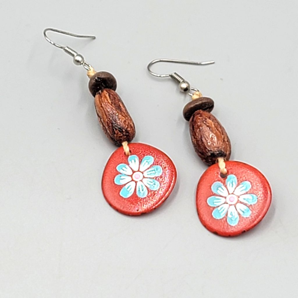 Artisan Bead Pierced Earrings Coffee Bean Seed Hand Painted Dangle 1.75"
