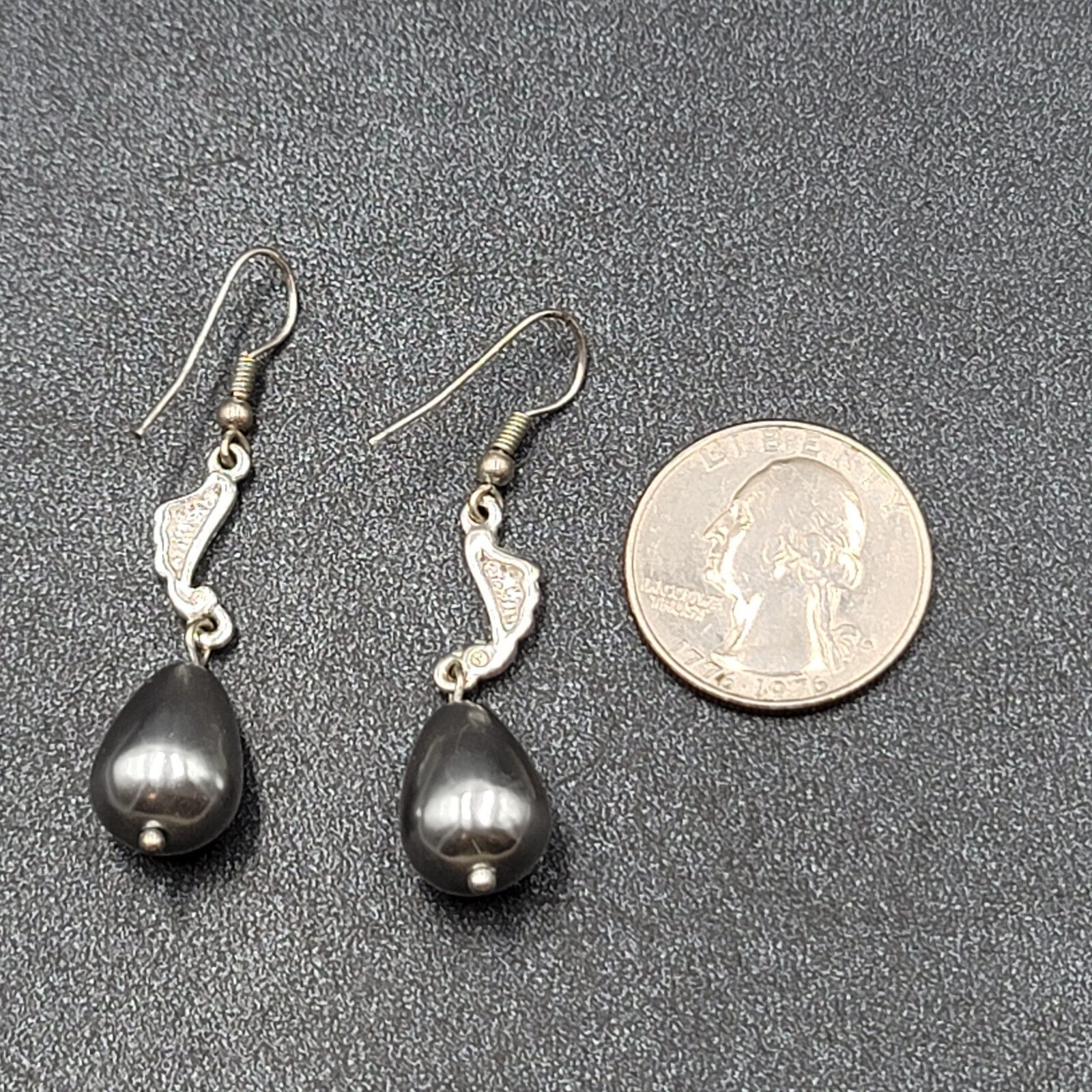 Pierced Earrings Silver tone Pearl Finish Gray Teardrop Bead Dangle 1.5"