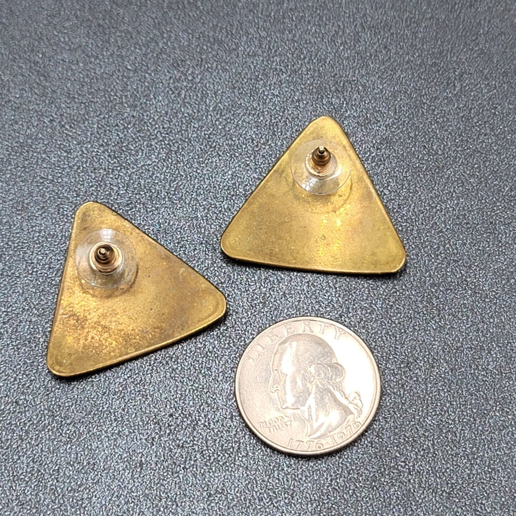 Vintage Pierced Earrings Solid Brass Textured Triangle Drop 1 1/8"