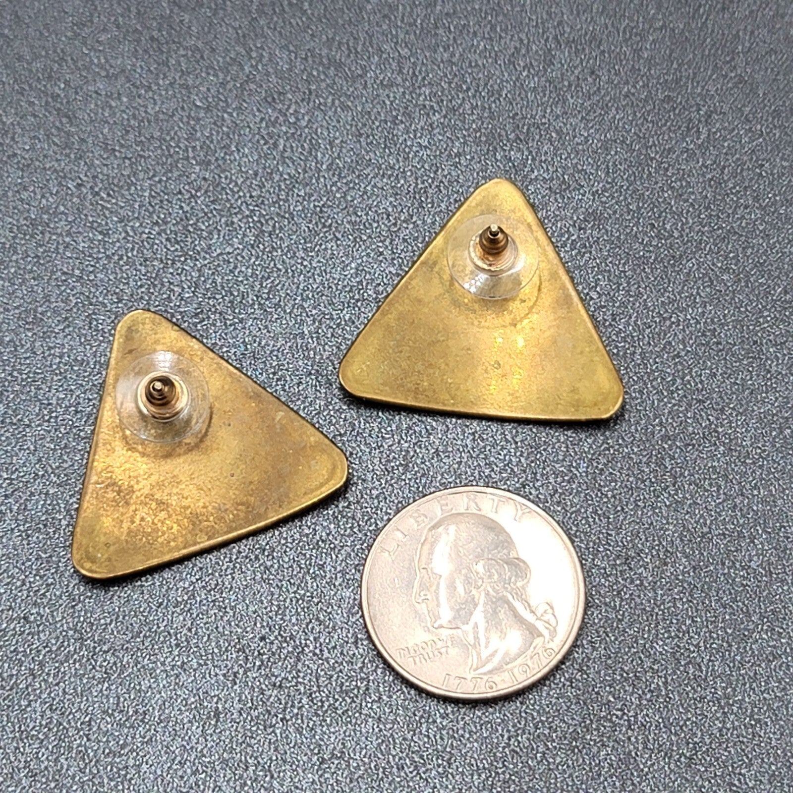 Vintage Pierced Earrings Solid Brass Textured Triangle Drop 1 1/8"