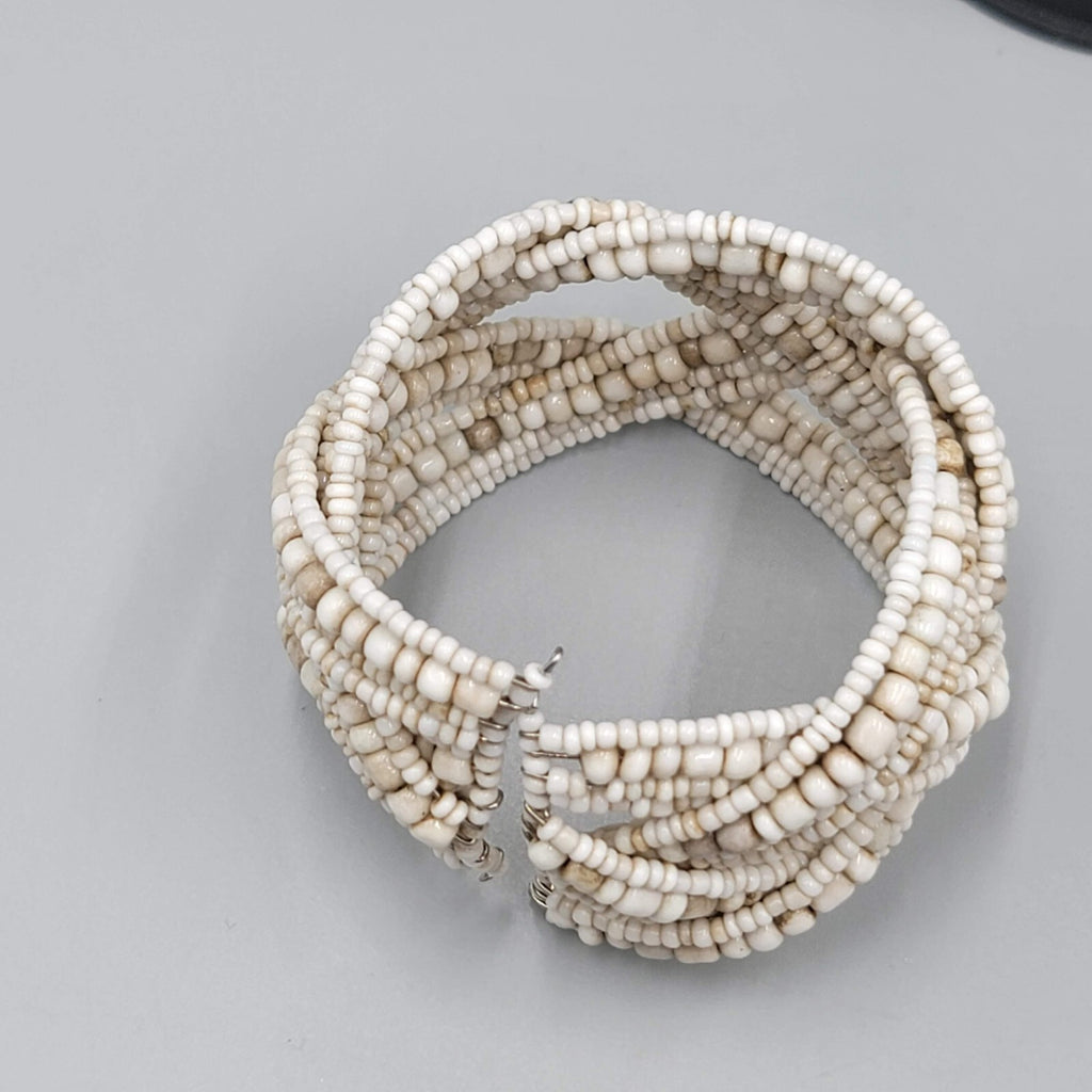 Vintage Cuff Bracelet White Beige Seed Bead Woven 7"+