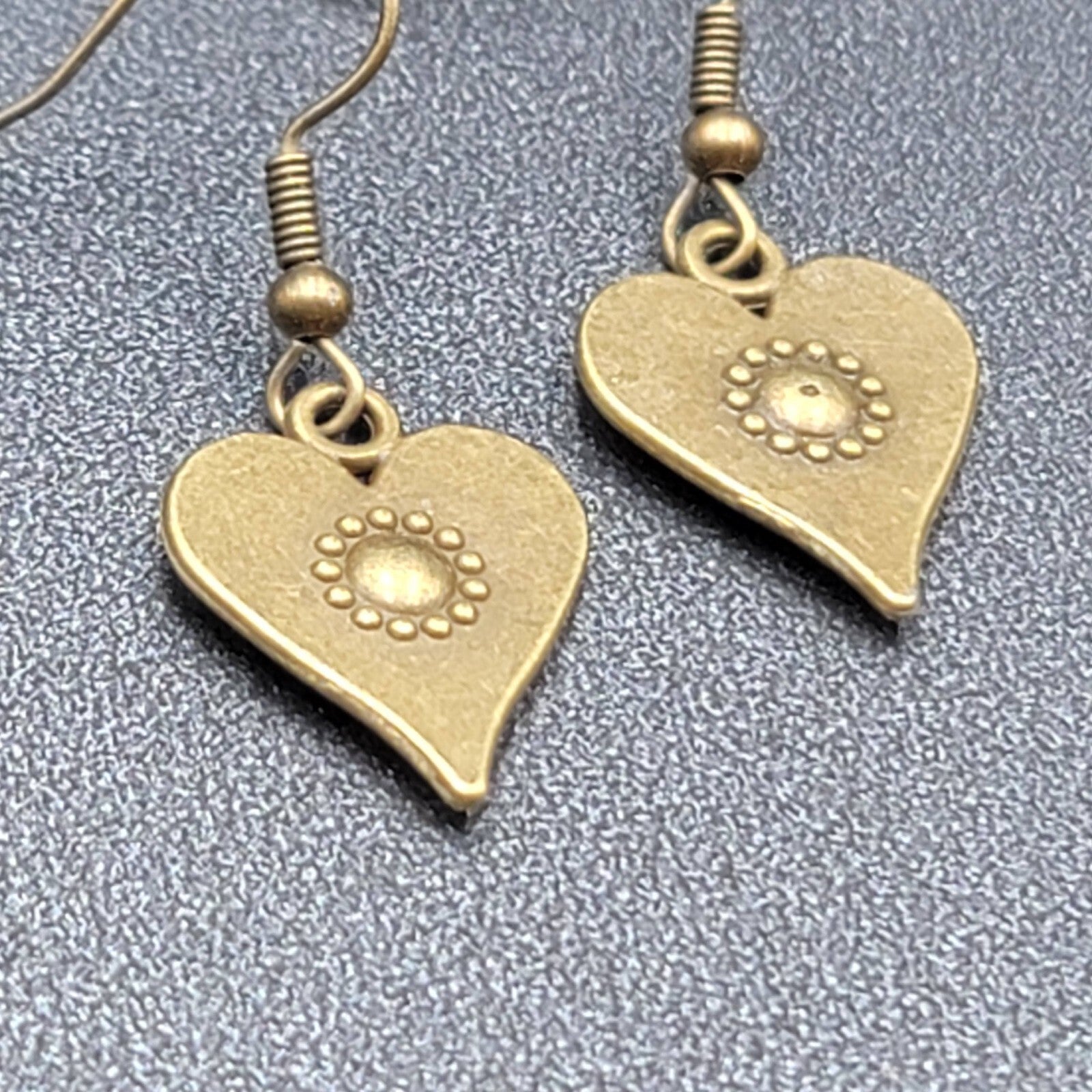 Heart Pierced Earrings Bronze tone Embossed Dangle New 3/4"