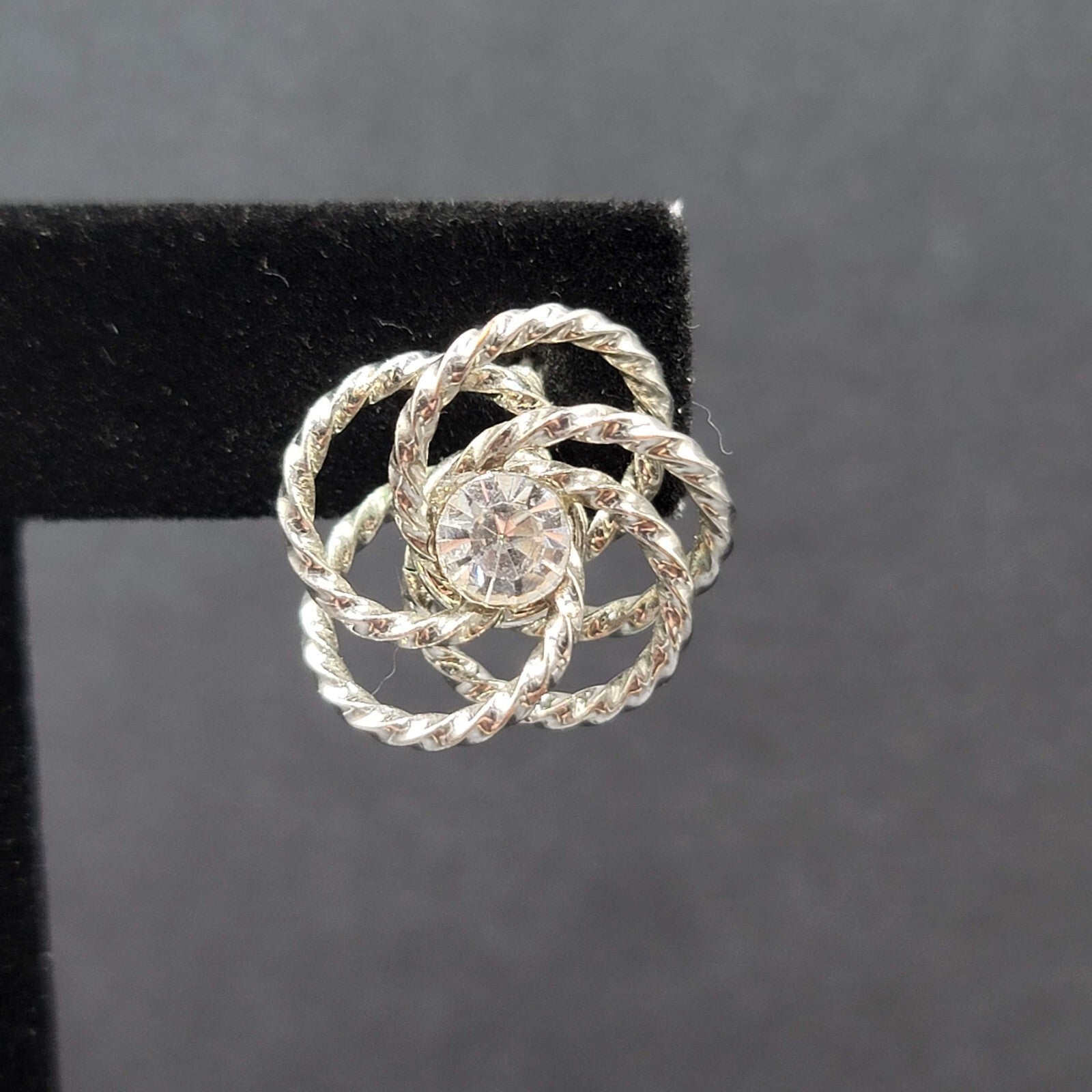 Vintage Pierced Earrings Silver tone Wire Knot Studs Rhinestone Center 3/4"