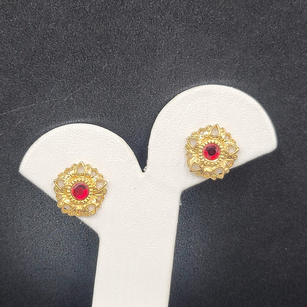 Vintage Pierced Earrings Gold Plated Red Stone Heart Studs 5/8"