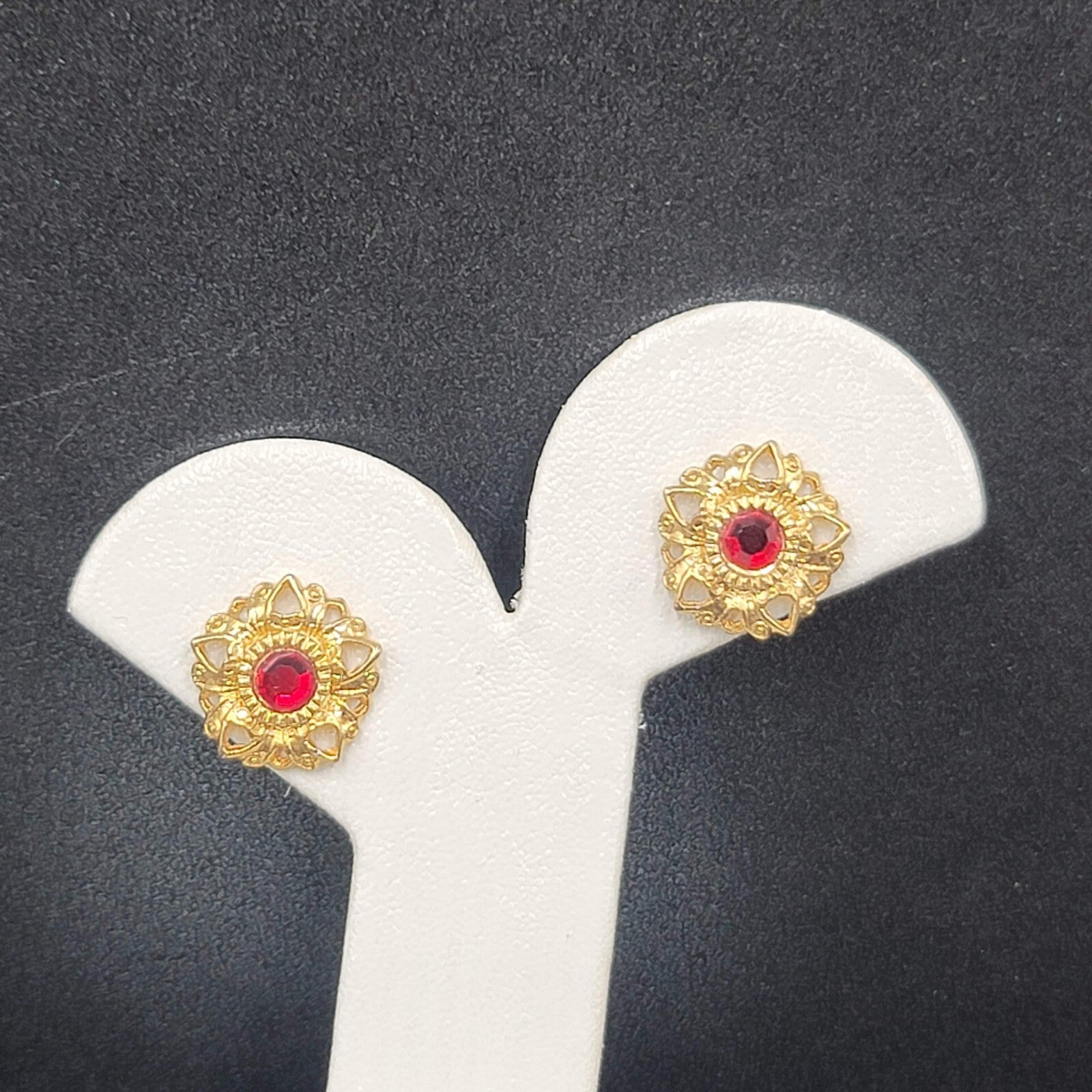 Vintage Pierced Earrings Gold Plated Red Stone Heart Studs 5/8"