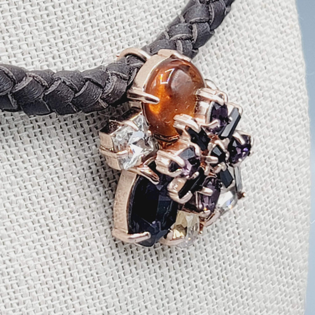 Statement Signed Necklace Rhinestone Pendant Braided Leather Cord 18"-21"