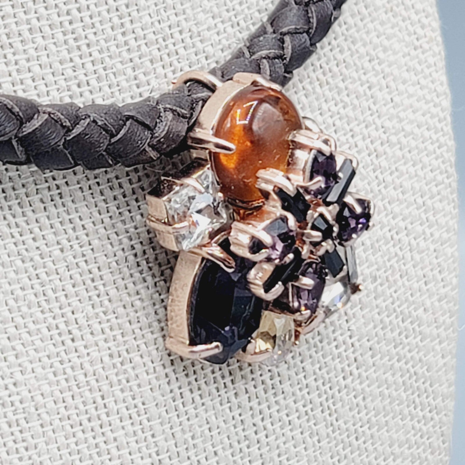Statement Signed Necklace Rhinestone Pendant Braided Leather Cord 18"-21"
