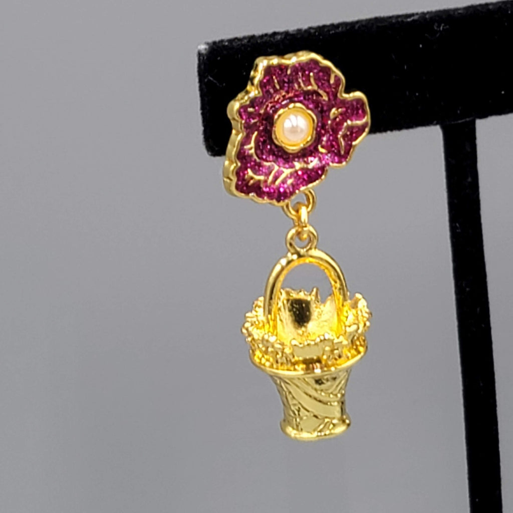 Vintage Pink Enamel Flower Clip on Earrings Gold tone Dangle Basket 1.75"