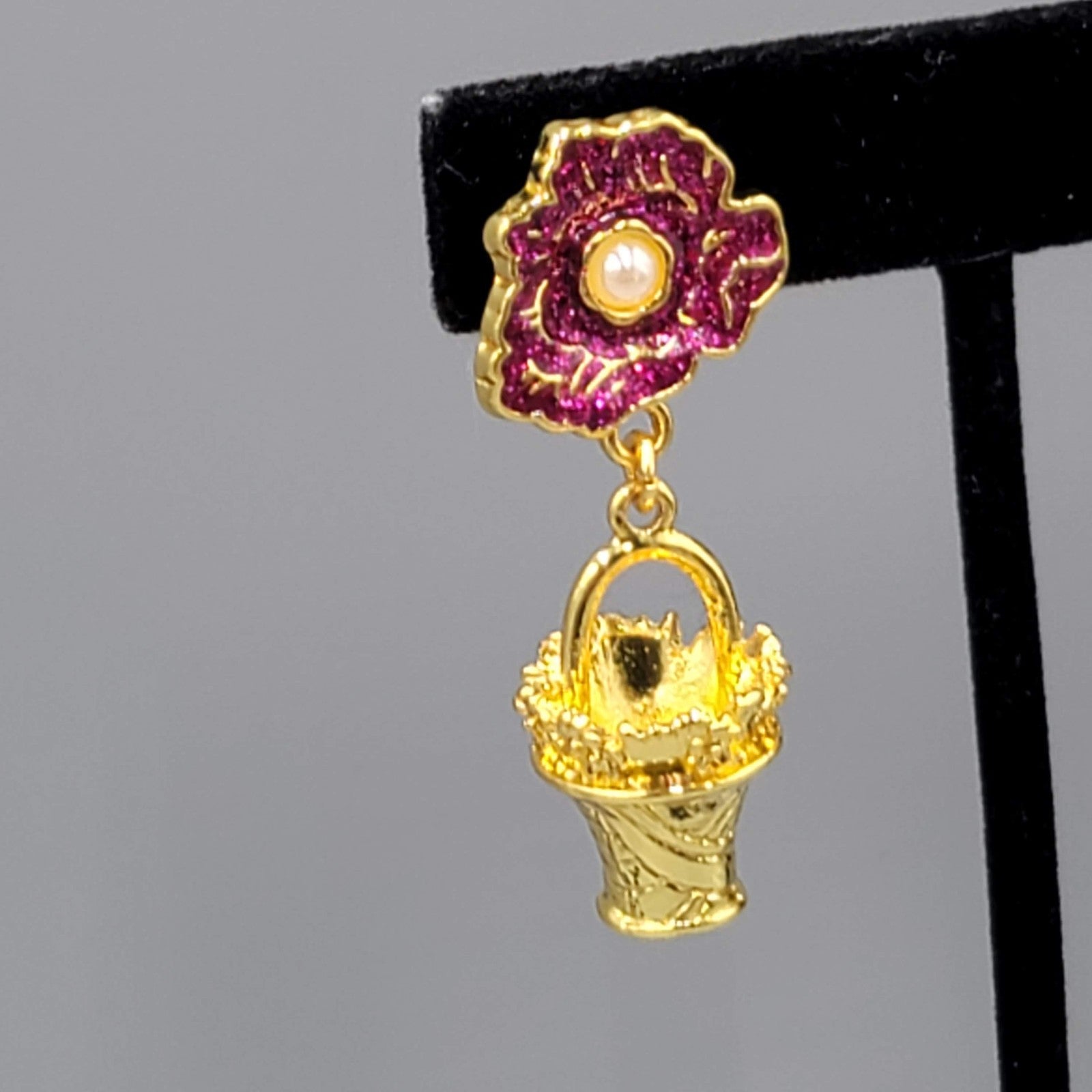 Vintage Pink Enamel Flower Clip on Earrings Gold tone Dangle Basket 1.75"