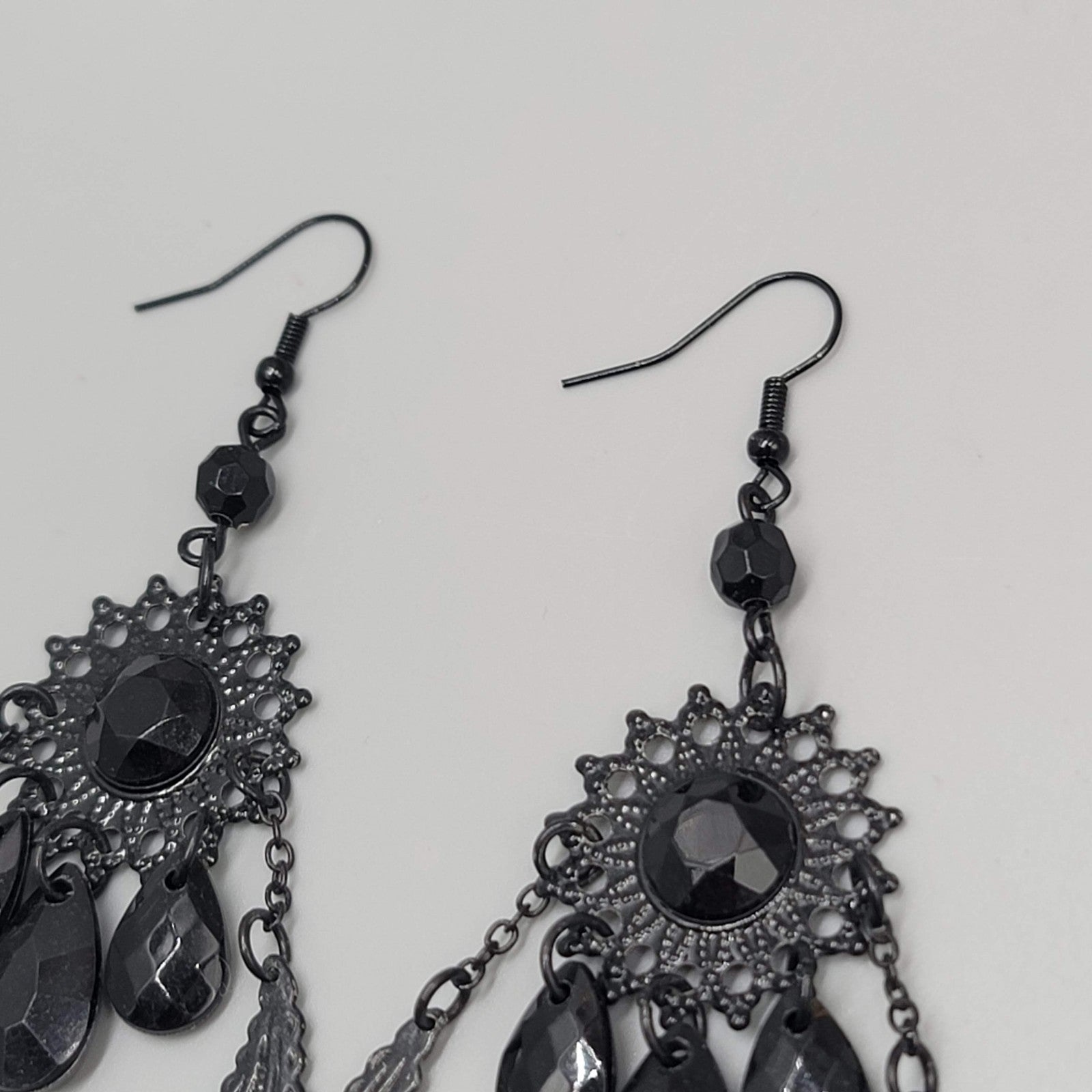 Black Enamel Chandelier Pierced Earrings Beaded Dangle LONG 4"