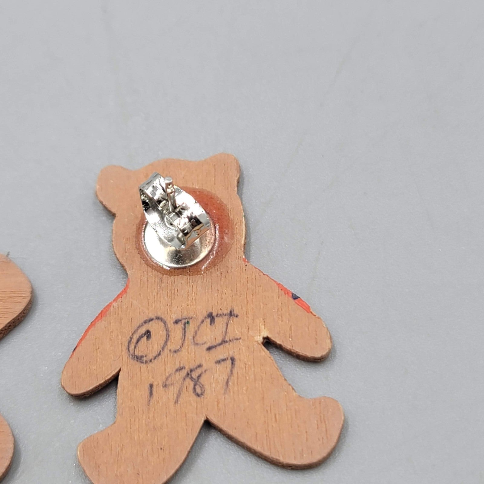 Vintage Hand Painted Denver Broncos Pierced Earrings Wood Teddy Bear 1 1/8"