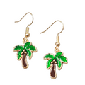 Enamel Palm Tree Pierced Earrings Gold tone Dangle Brown Trunk 3/4"