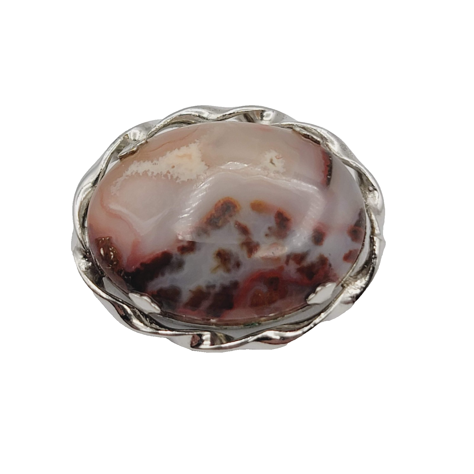 Vintage Natural Stone Lace Agate Brooch Silver Tone Pin 1.25 in