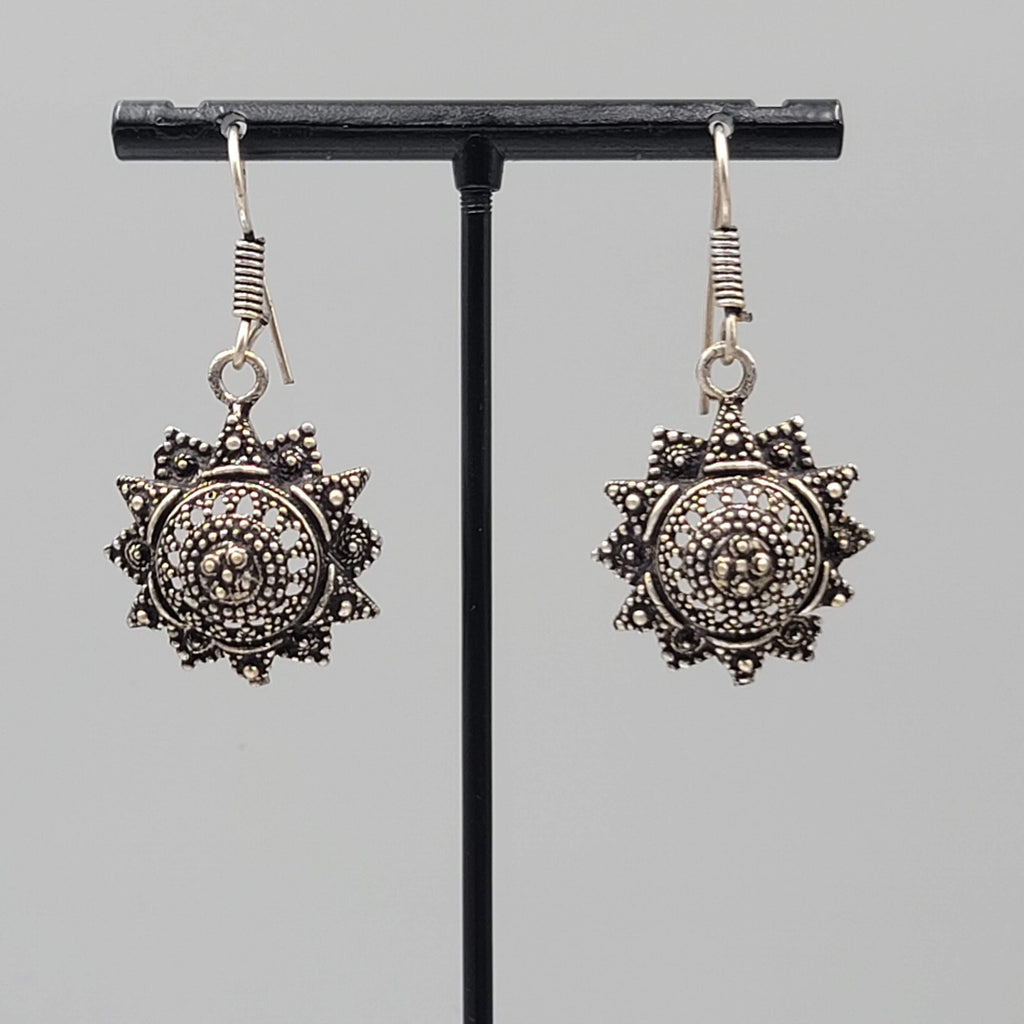 Oxidized Silver tone Pierced Earrings Boho Ethnic Ornate Dangle 1"