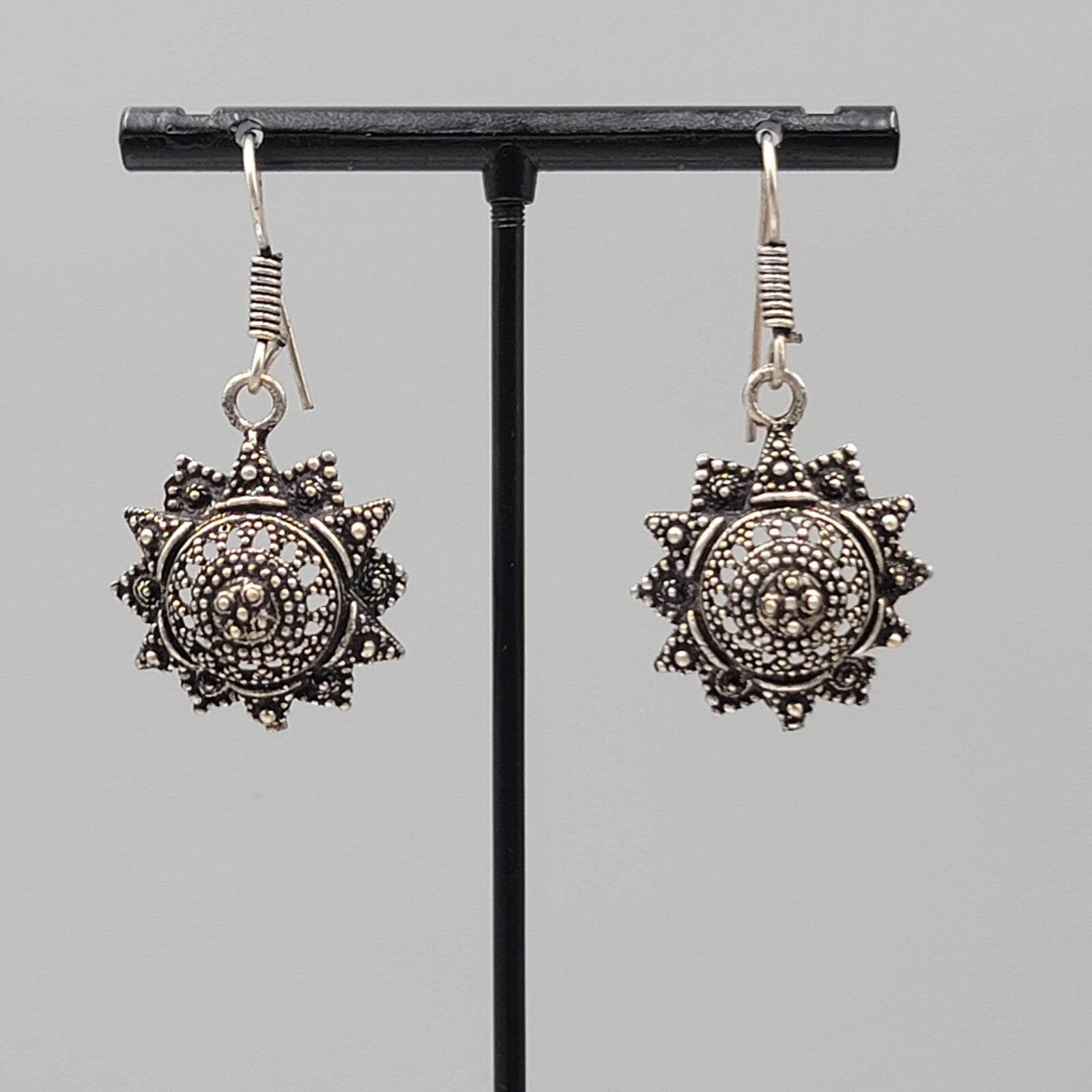 Oxidized Silver tone Pierced Earrings Boho Ethnic Ornate Dangle 1"