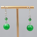 Green Glass Bead Pierced Earrings Silver tone Dangle 1.25 in
