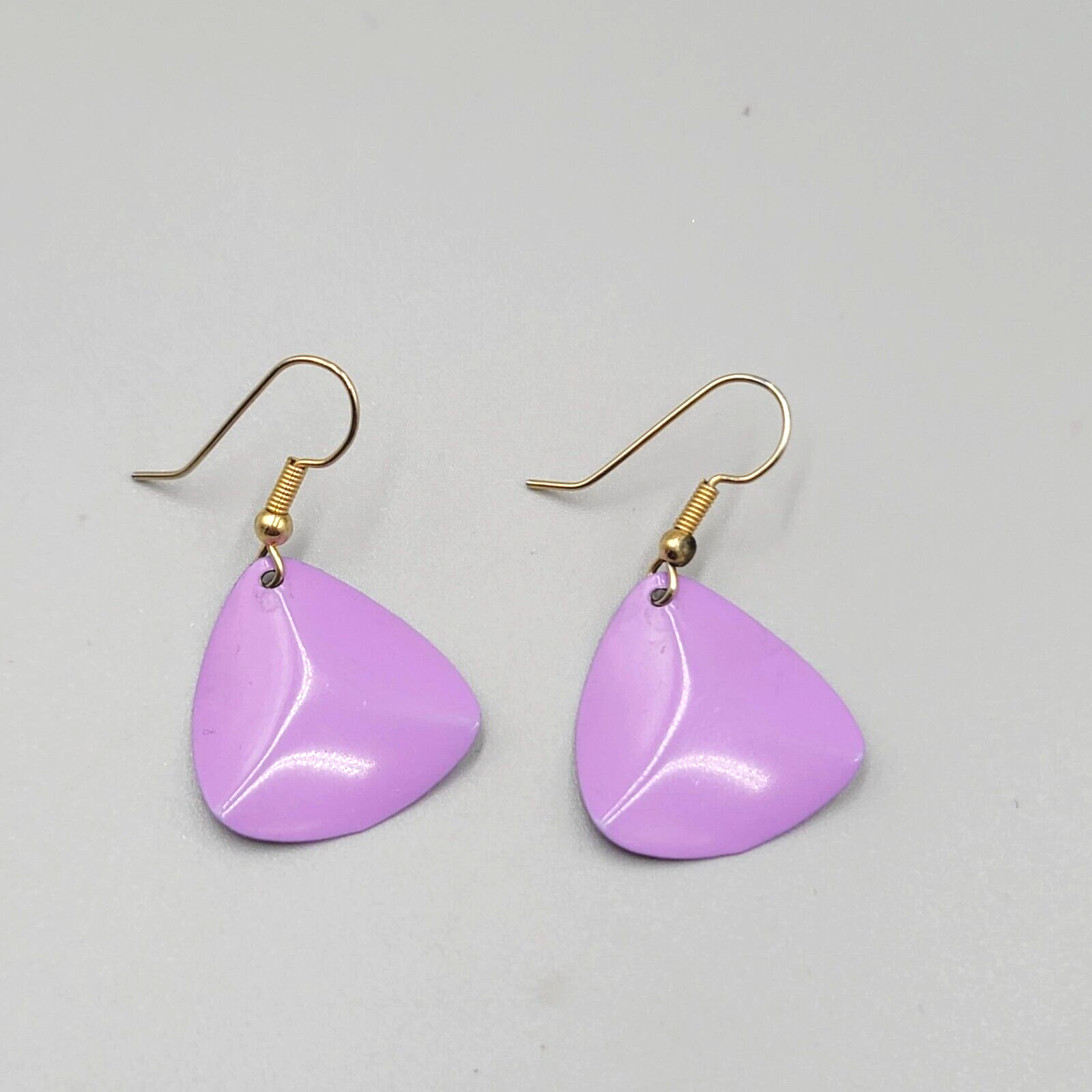 Vintage Pierced Earrings Gold tone Purple Enamel over Metal Dangle 1"