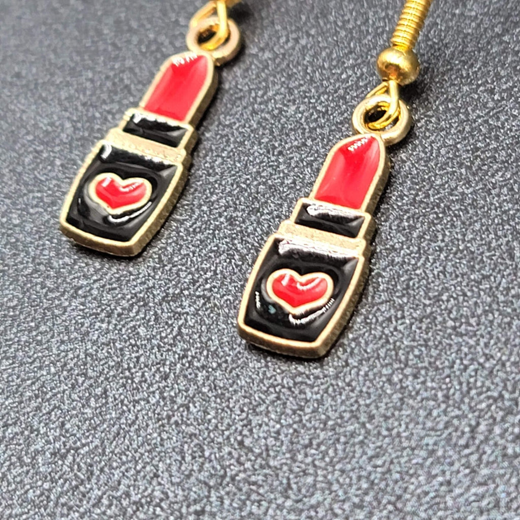 Lipstick Pierced Earrings Gold tone Red Heart Black Enamel Dangle 3/4"