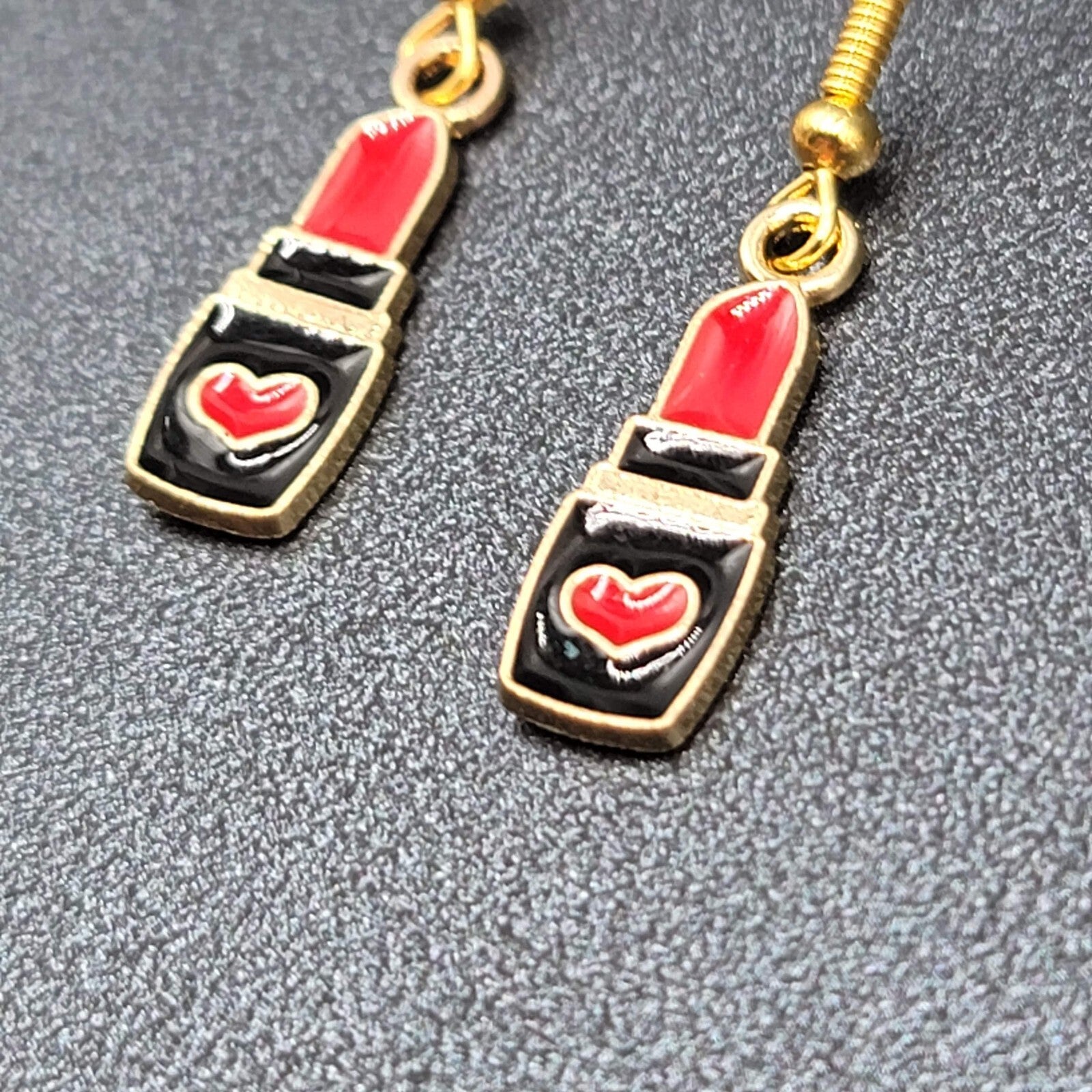 Lipstick Pierced Earrings Gold tone Red Heart Black Enamel Dangle 3/4"
