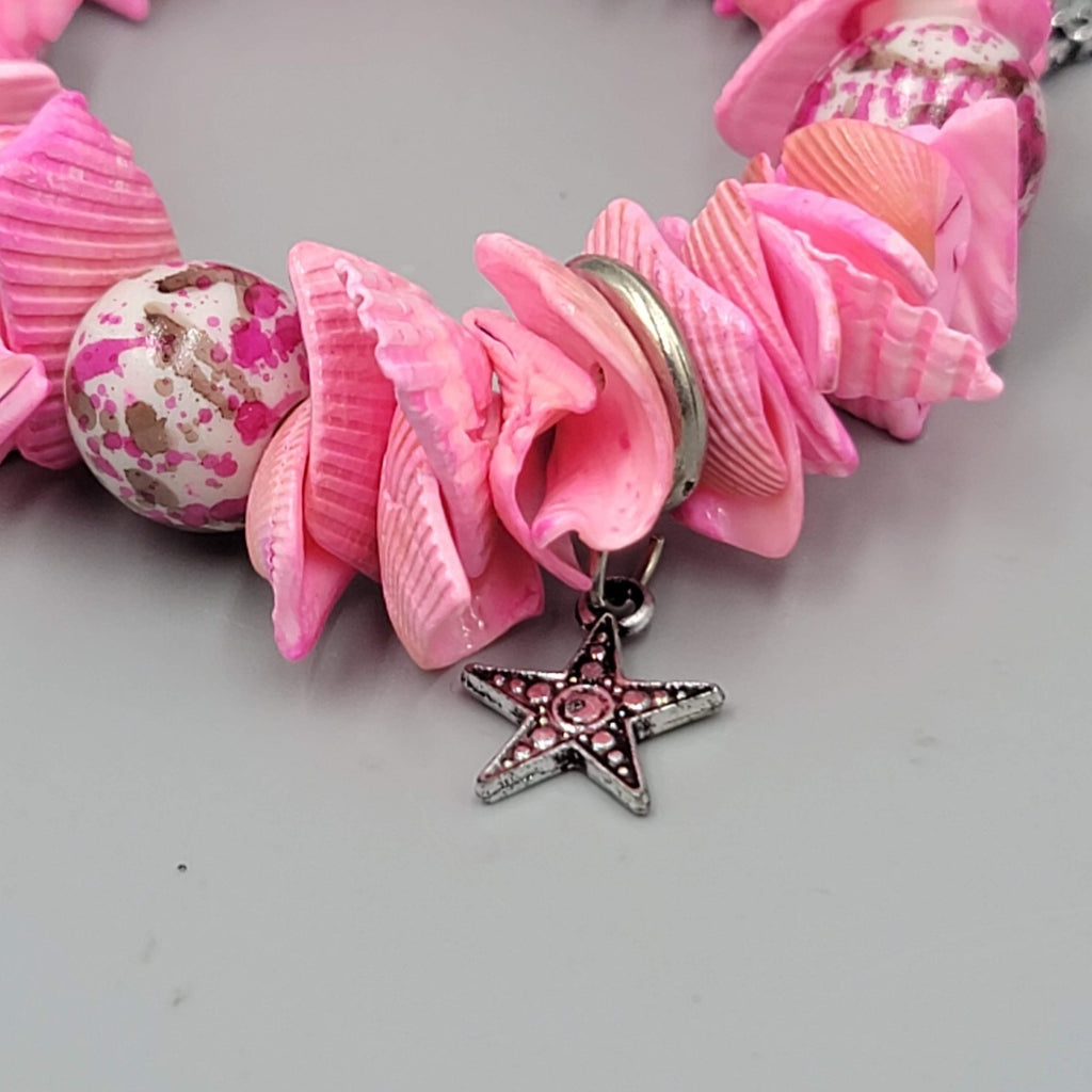 Hot Pink Shell Bracelet Silver tone Charms Elastic Statement 7.5"