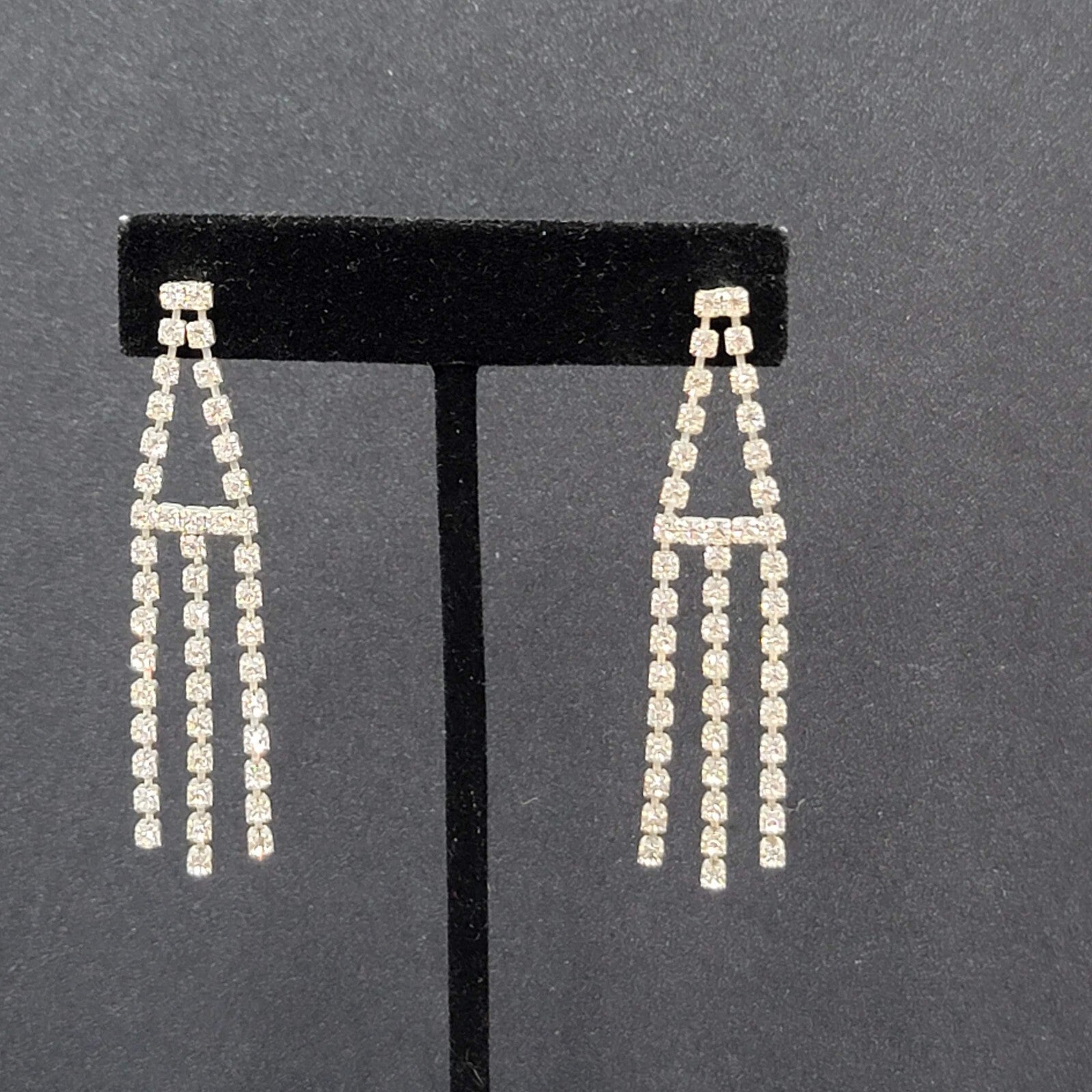 Vintage Pierced Earrings Silver tone Rhinestone Triple Dangle 2.25"