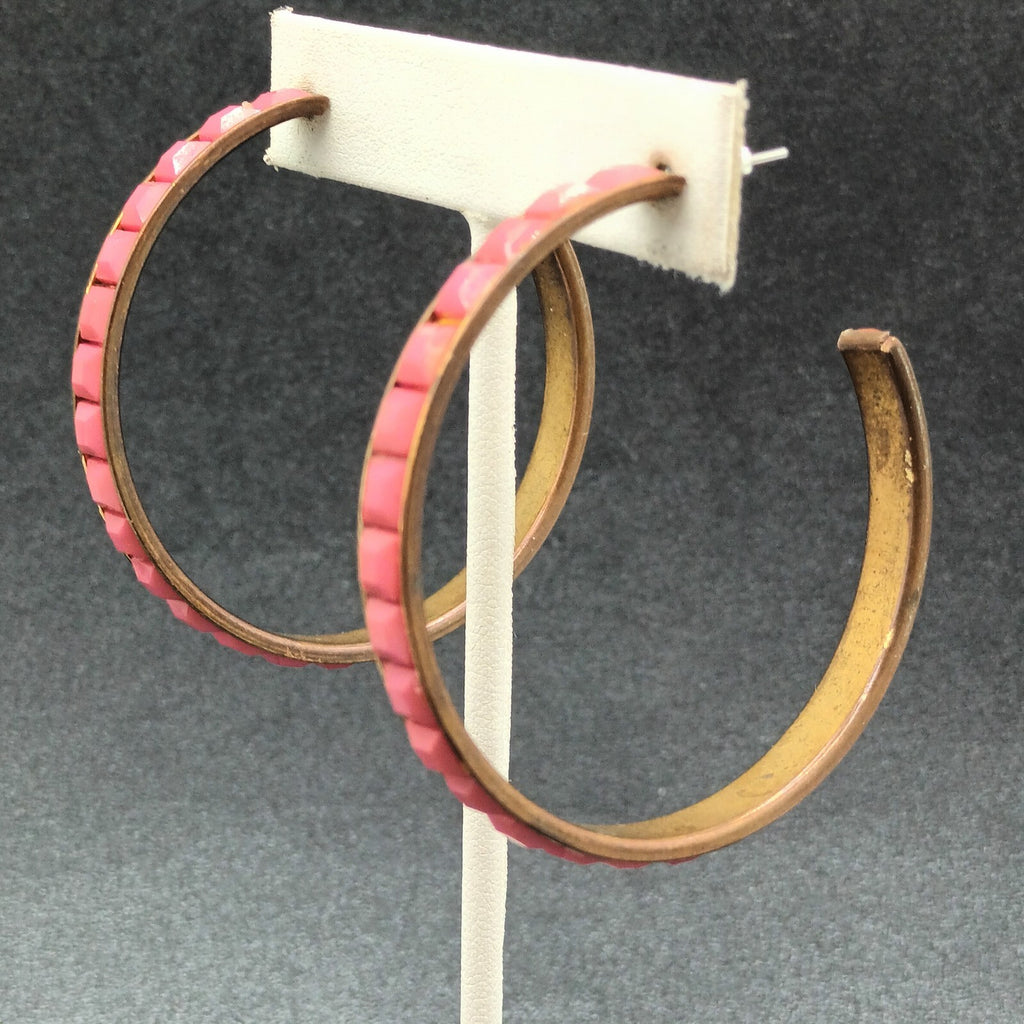 Pierced Earrings Bronze tone Pink Faceted Acrylic Statement Hoop 2 1/8"