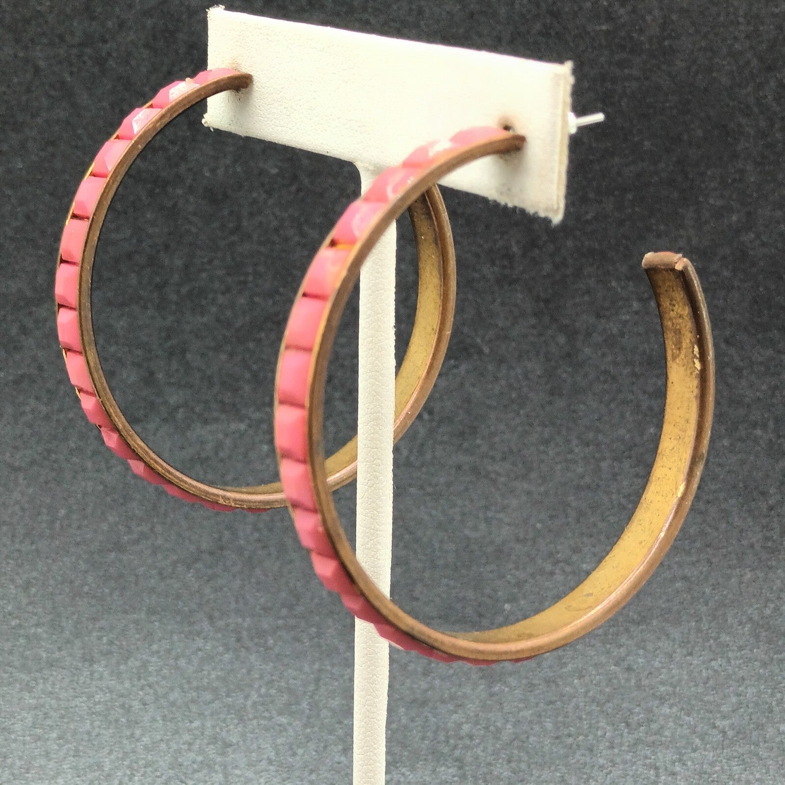 Pierced Earrings Bronze tone Pink Faceted Acrylic Statement Hoop 2 1/8"